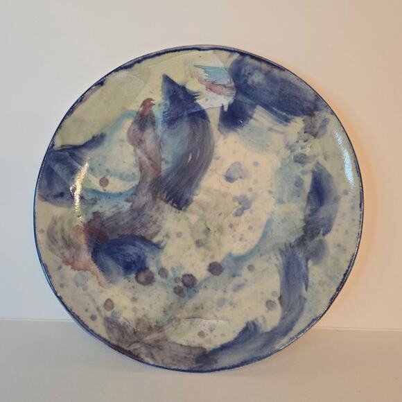 A Suman Glazed Ceramic Plate Vintage 1986 Blue Purple Swirl Signed Pottery - Picture 1 of 6